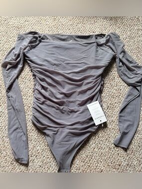 NWT Pinkm Style Ruched Long Sleeve Bodysuit - Gray NWT